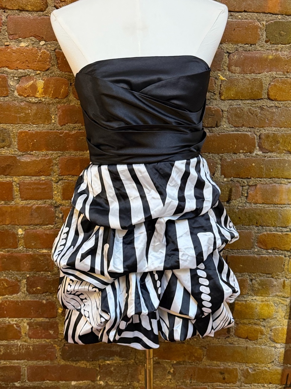 Strapless Satin Black & White Bubble Skirt Cocktail Mini Dress